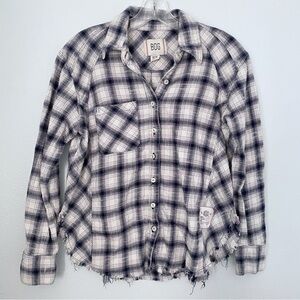 BDG Urban Outfitters Brixton Distressed Flannel Shirt Blue White XS Raw Hem